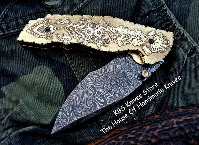 KBS Knives Store Folding Knife Custom Handmade Damascus Steel Folding Pocket Knife