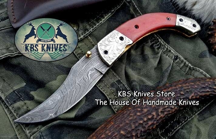 KBS Knives Store Folding Knife Custom Handmade Damascus Steel Folding Pocket Knife