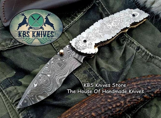 KBS Knives Store Folding Knife Custom Handmade Damascus Steel Folding Pocket Knife