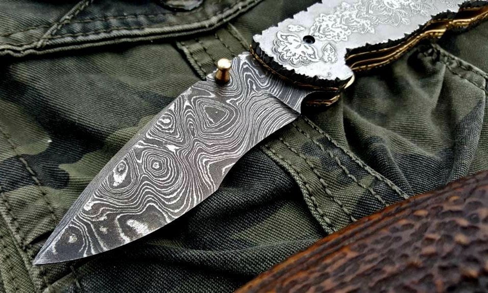 KBS Knives Store Folding Knife Custom Handmade Damascus Steel Folding Pocket Knife
