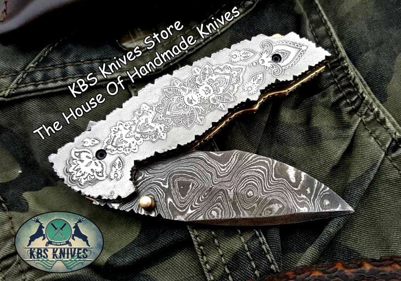 KBS Knives Store Folding Knife Custom Handmade Damascus Steel Folding Pocket Knife