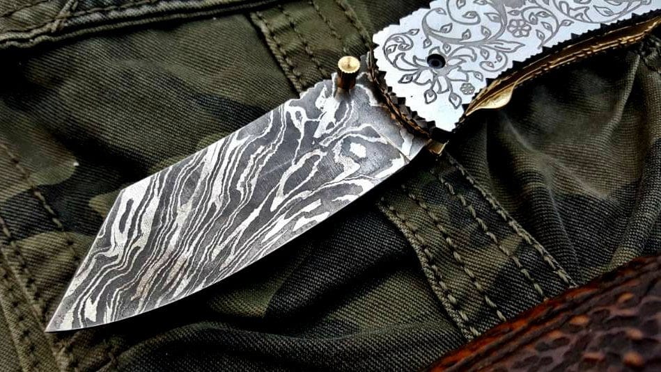 KBS Knives Store Folding Knife Custom Handmade Damascus Steel Folding Pocket Knife