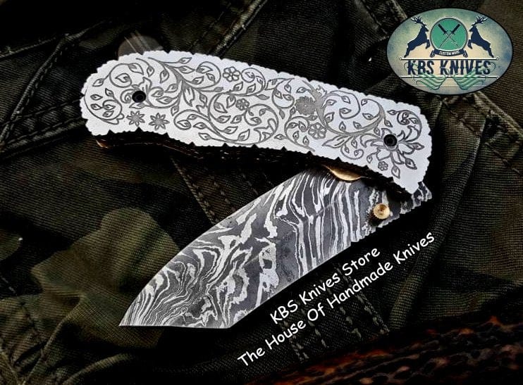 KBS Knives Store Folding Knife Custom Handmade Damascus Steel Folding Pocket Knife