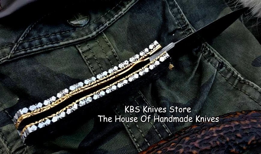 KBS Knives Store Folding Knife Custom Handmade Damascus Steel Folding Pocket Knife