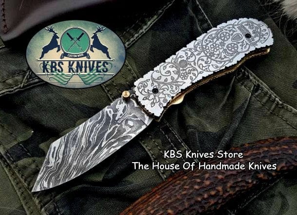 KBS Knives Store Folding Knife Custom Handmade Damascus Steel Folding Pocket Knife