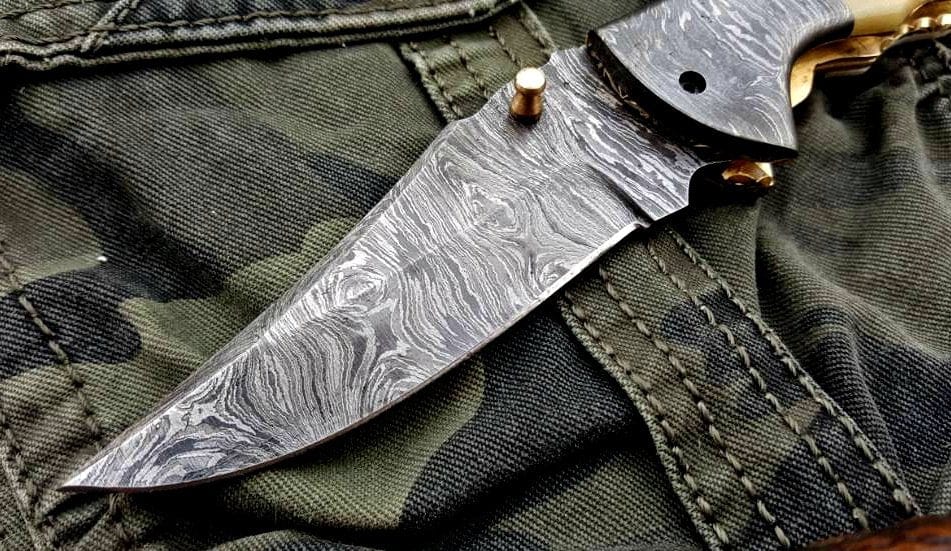 KBS Knives Store Folding Knife Custom Handmade Damascus Steel Folding Pocket Knife