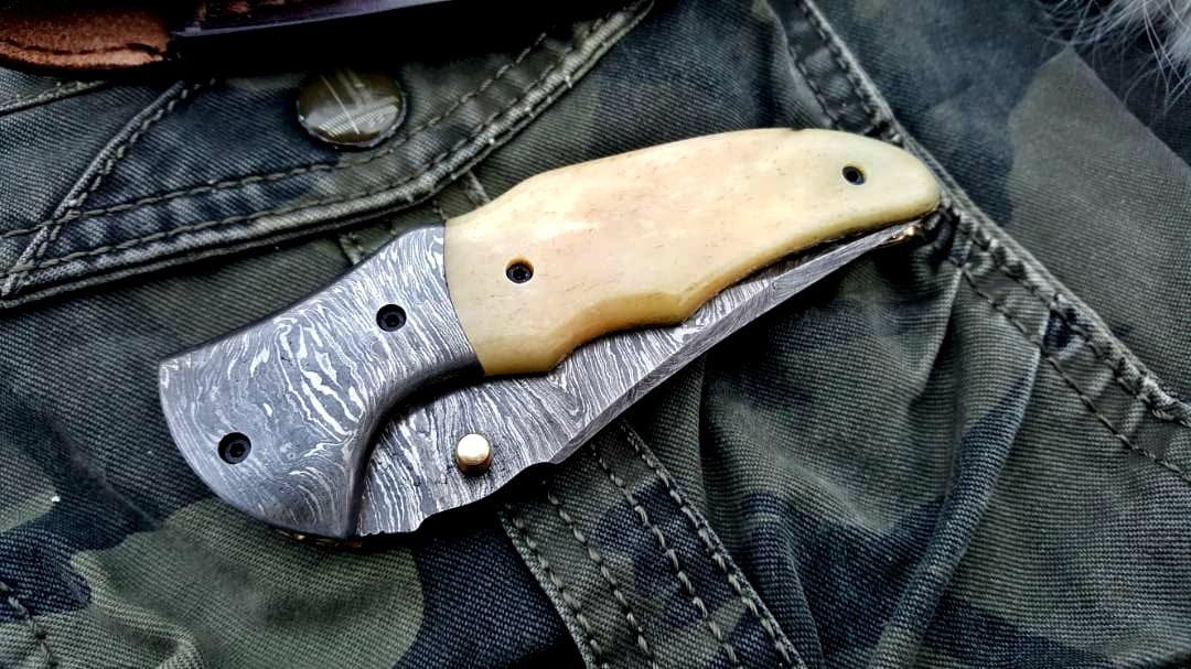 KBS Knives Store Folding Knife Custom Handmade Damascus Steel Folding Pocket Knife