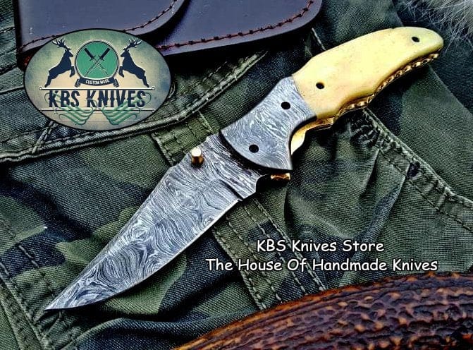 KBS Knives Store Folding Knife Custom Handmade Damascus Steel Folding Pocket Knife