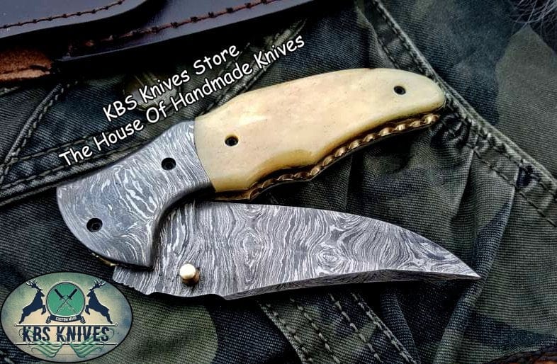 KBS Knives Store Folding Knife Custom Handmade Damascus Steel Folding Pocket Knife