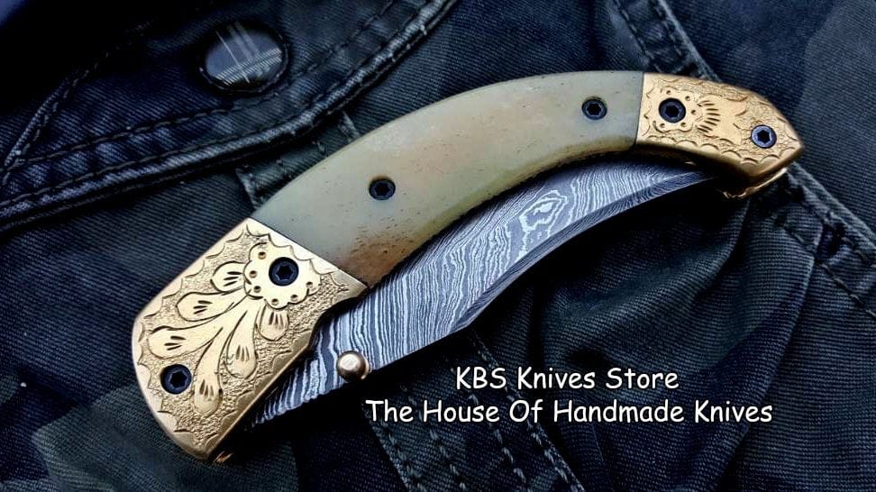 KBS Knives Store Folding Knife Custom Handmade Damascus Steel Folding Pocket Knife