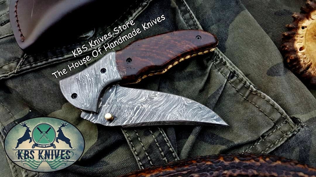 KBS Knives Store Folding Knife Custom Handmade Damascus Steel Folding Pocket Knife