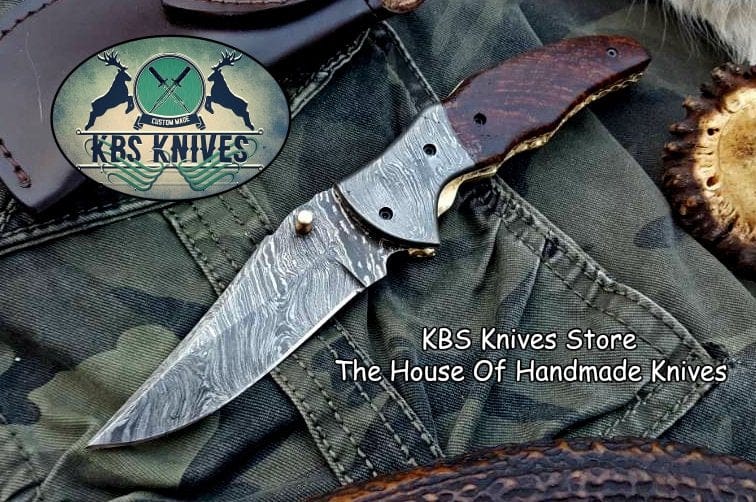 KBS Knives Store Folding Knife Custom Handmade Damascus Steel Folding Pocket Knife