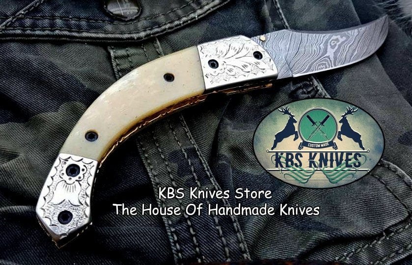 KBS Knives Store Folding Knife Custom Handmade Damascus Steel Folding Pocket Knife