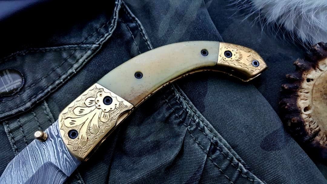 KBS Knives Store Folding Knife Custom Handmade Damascus Steel Folding Pocket Knife