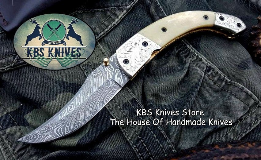 KBS Knives Store Folding Knife Custom Handmade Damascus Steel Folding Pocket Knife