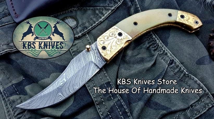 KBS Knives Store Folding Knife Custom Handmade Damascus Steel Folding Pocket Knife