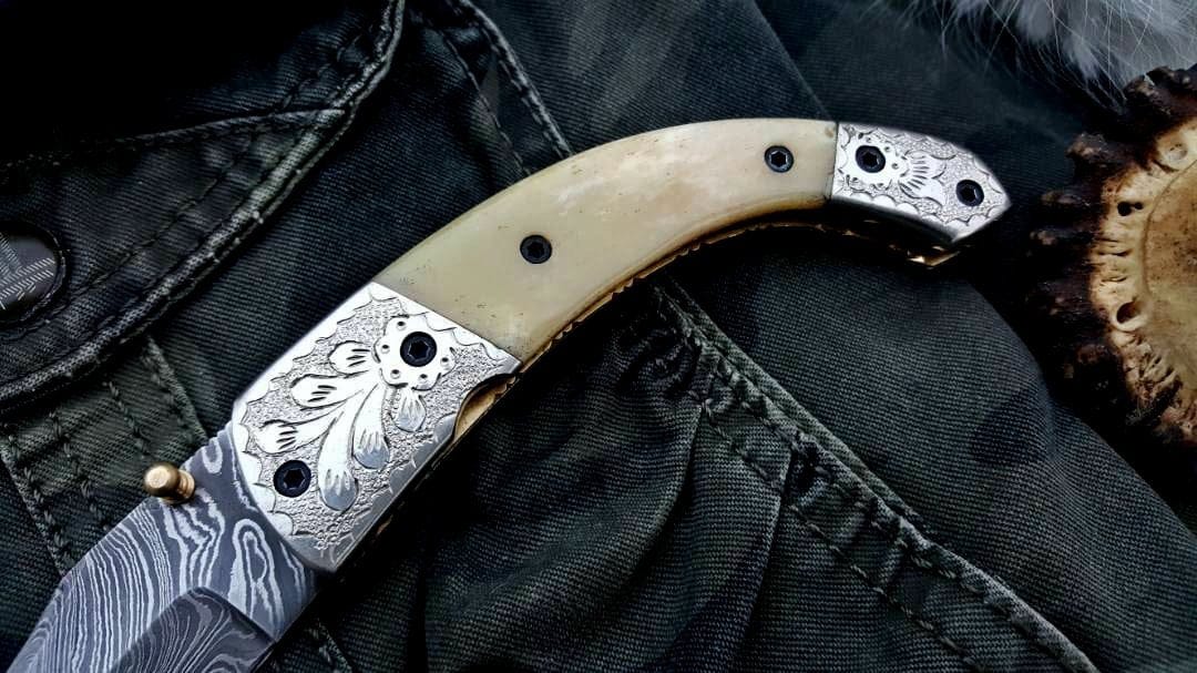 KBS Knives Store Folding Knife Custom Handmade Damascus Steel Folding Pocket Knife