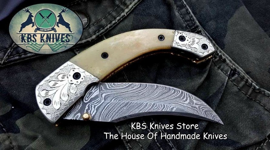 KBS Knives Store Folding Knife Custom Handmade Damascus Steel Folding Pocket Knife