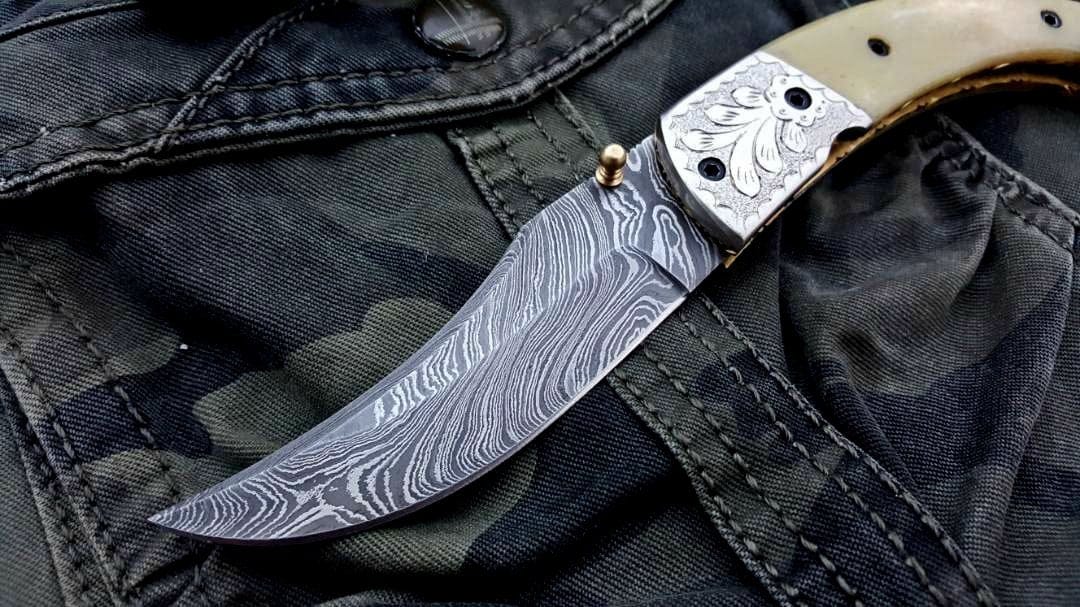 KBS Knives Store Folding Knife Custom Handmade Damascus Steel Folding Pocket Knife