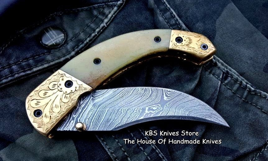 KBS Knives Store Folding Knife Custom Handmade Damascus Steel Folding Pocket Knife