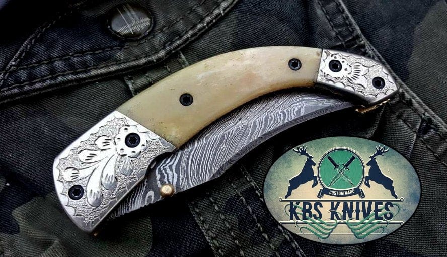 KBS Knives Store Folding Knife Custom Handmade Damascus Steel Folding Pocket Knife