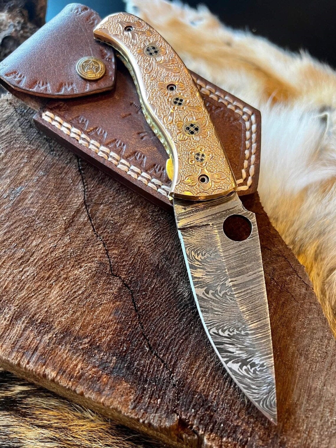 KBS Knives Store Folding Knife Custom Handmade Damascus Steel Folding Pocket Knife with Hand Engraved Brass Handle