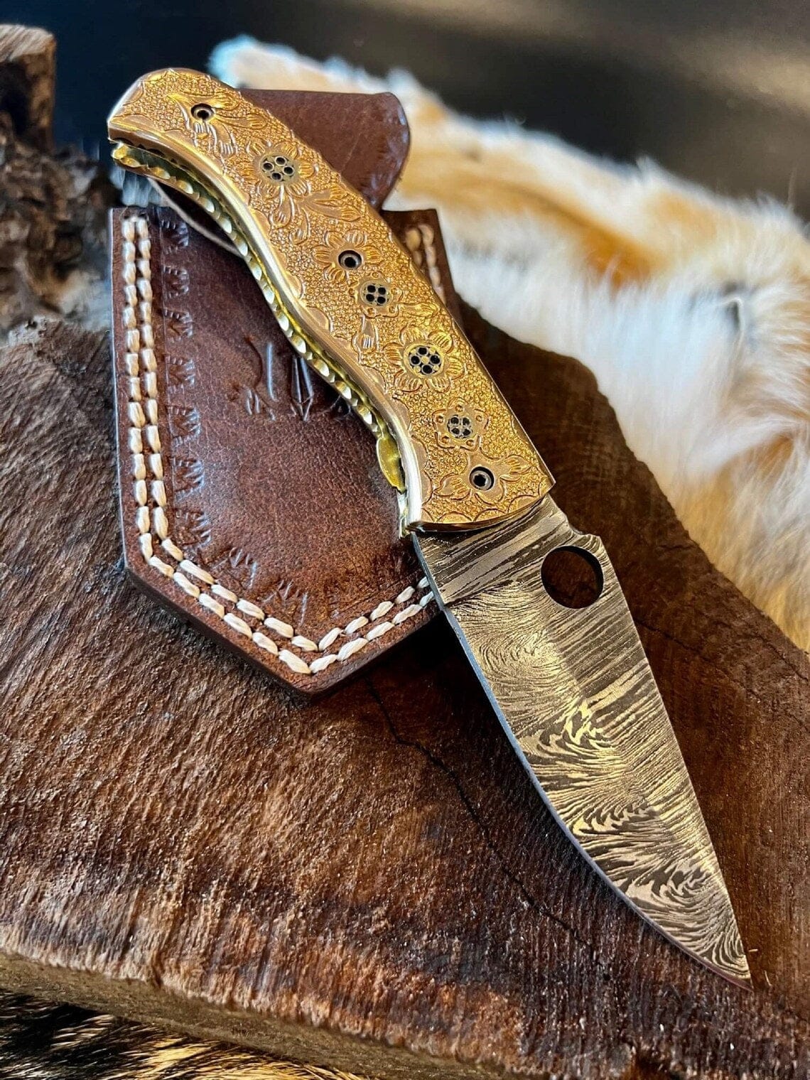 KBS Knives Store Folding Knife Custom Handmade Damascus Steel Folding Pocket Knife with Hand Engraved Brass Handle