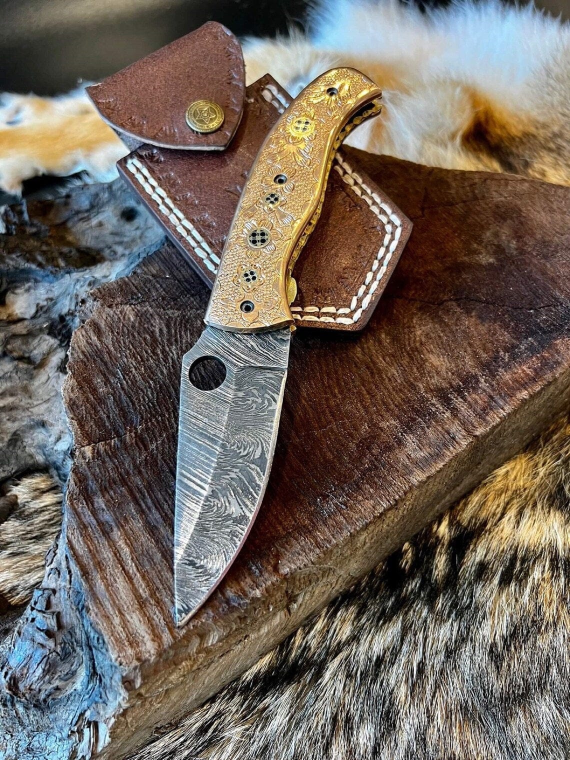 KBS Knives Store Folding Knife Custom Handmade Damascus Steel Folding Pocket Knife with Hand Engraved Brass Handle