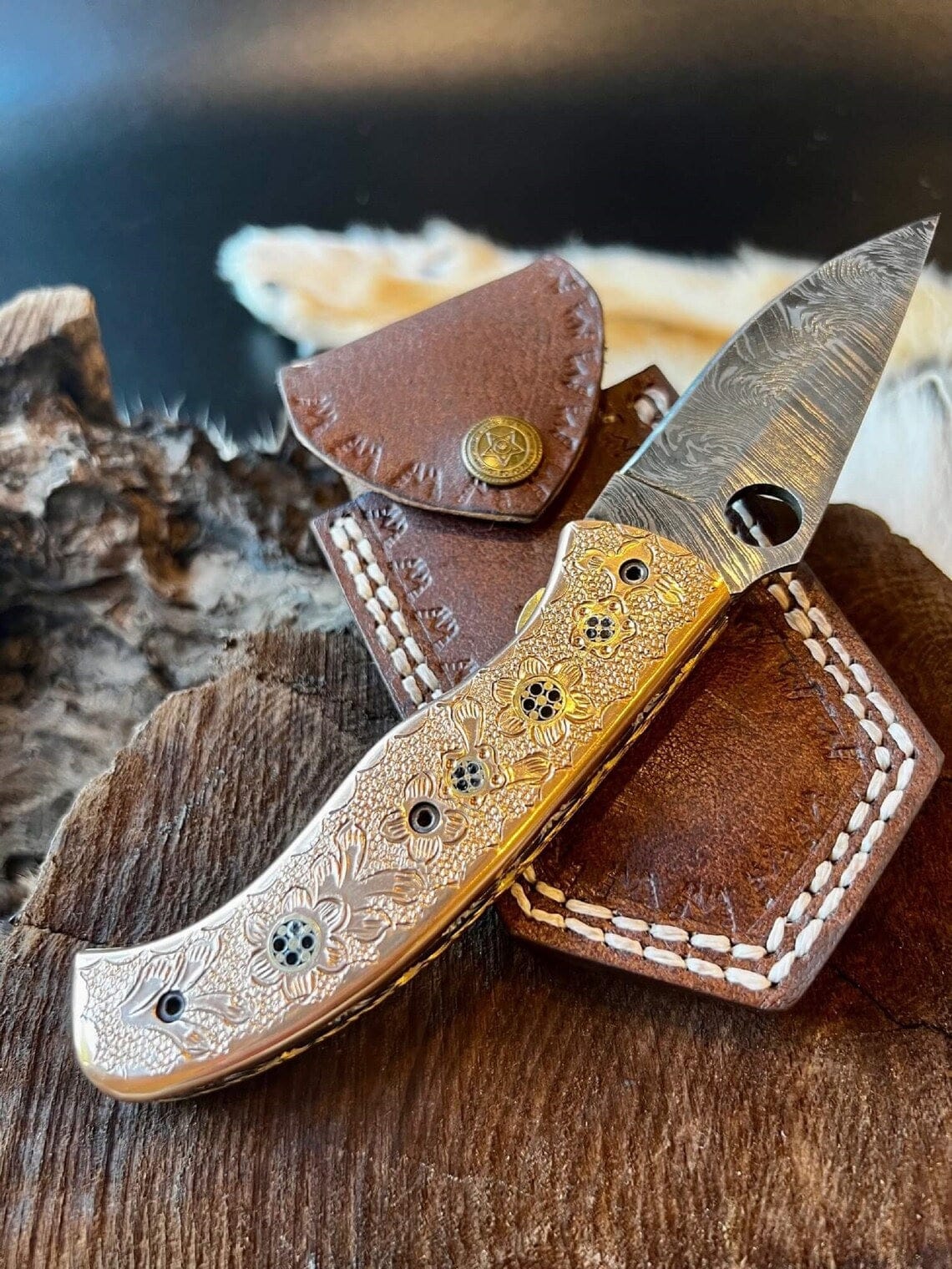 KBS Knives Store Folding Knife Custom Handmade Damascus Steel Folding Pocket Knife with Hand Engraved Brass Handle