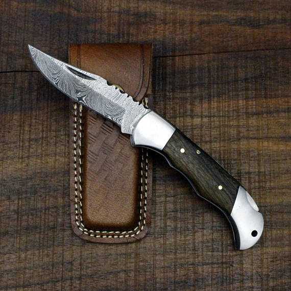 KBS Knives Store Folding Knife Custom Handmade Damascus Steel Folding Pocket Knife with Rosewood and Steel Bolsters Handle and Leather Case