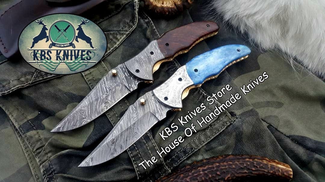 KBS Knives Store Folding Knife Custom Handmade Damascus Steel Folding Pocket Knives ( Deal )