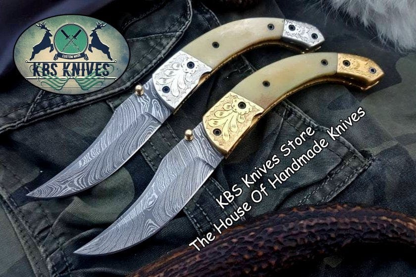 KBS Knives Store Folding Knife Custom Handmade Damascus Steel Folding Pocket Knives ( Deal )