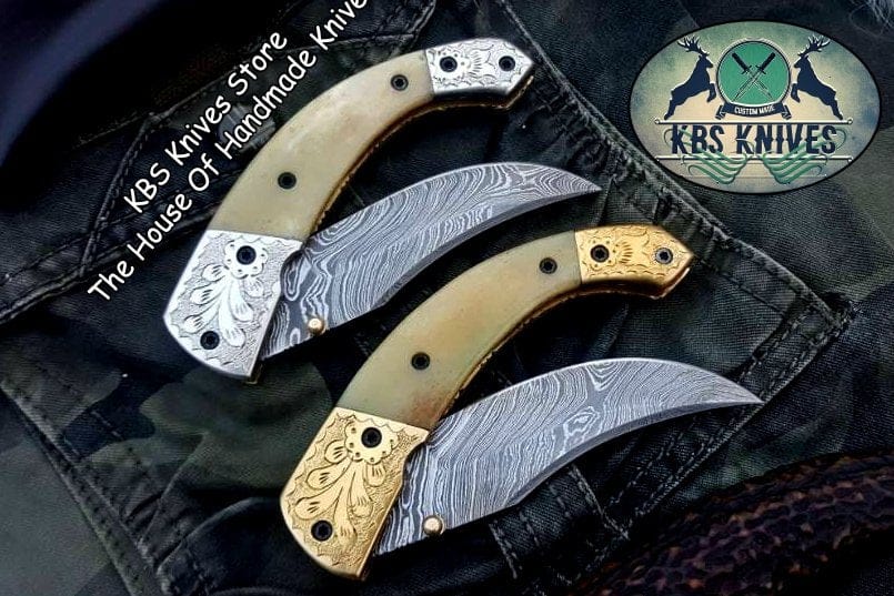 KBS Knives Store Folding Knife Custom Handmade Damascus Steel Folding Pocket Knives ( Deal )