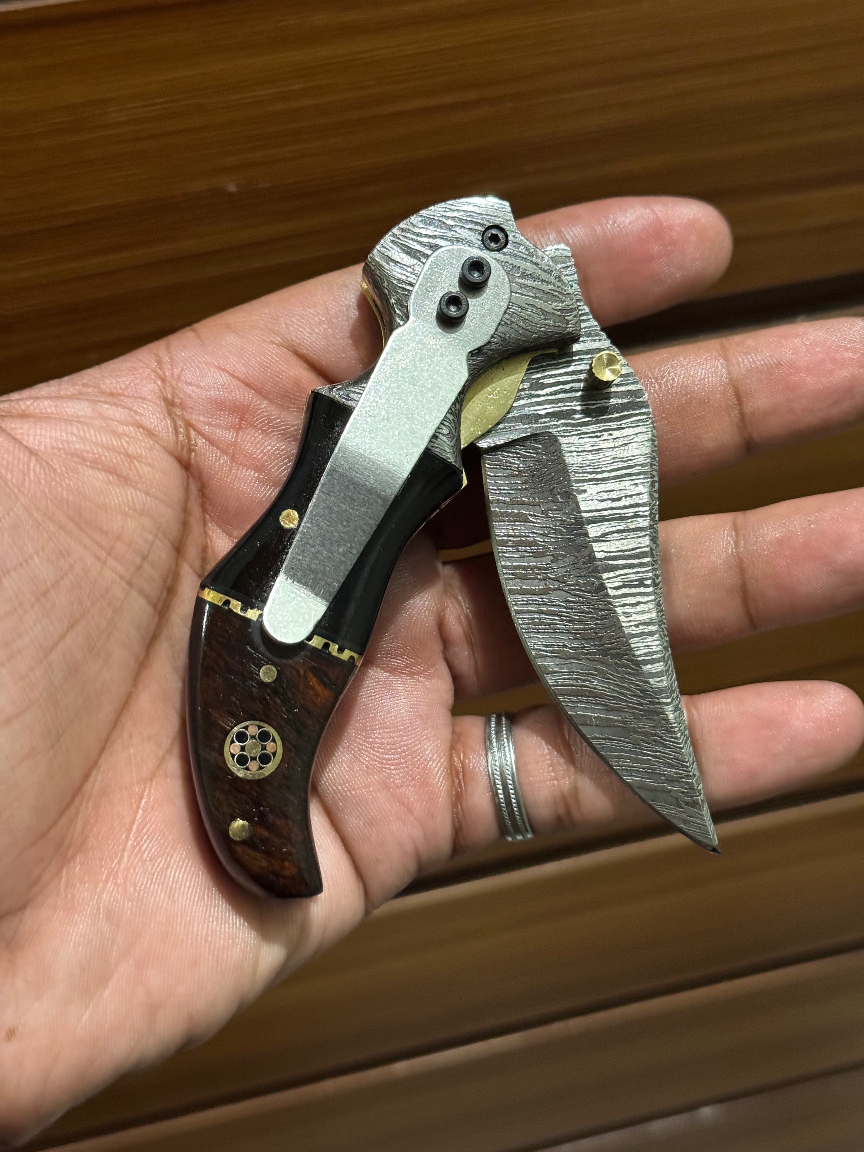 KBS Knives Store Folding Knife Damascus Handmade Custom Folding Pocket Knife with Buffalo Horn and Rosewood Handle, 3.2-inch Blade Length