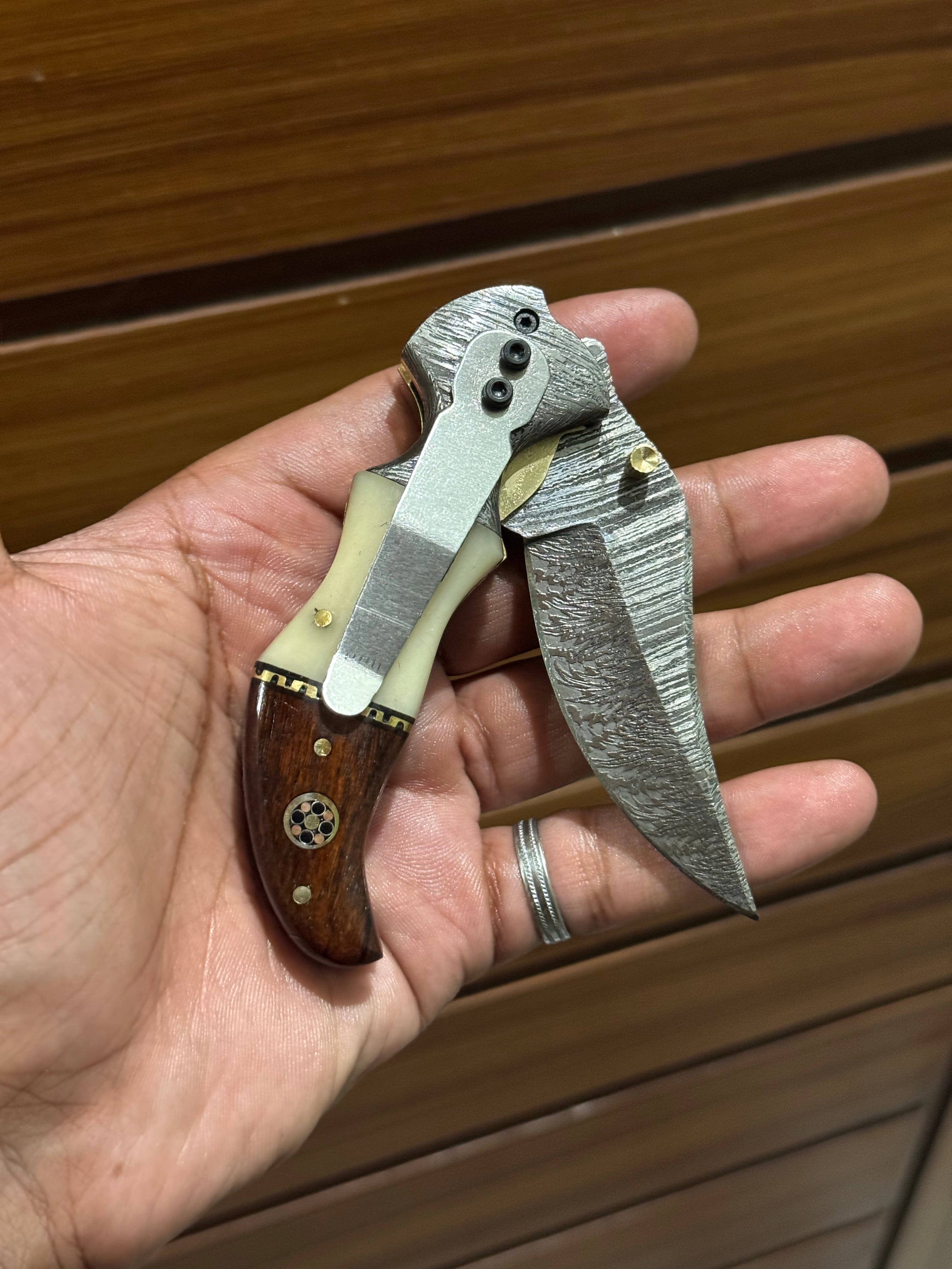 KBS Knives Store Folding Knife Damascus Handmade Custom Folding Pocket Knife with Buffalo Horn and Rosewood Handle, 3.2-inch Blade Length
