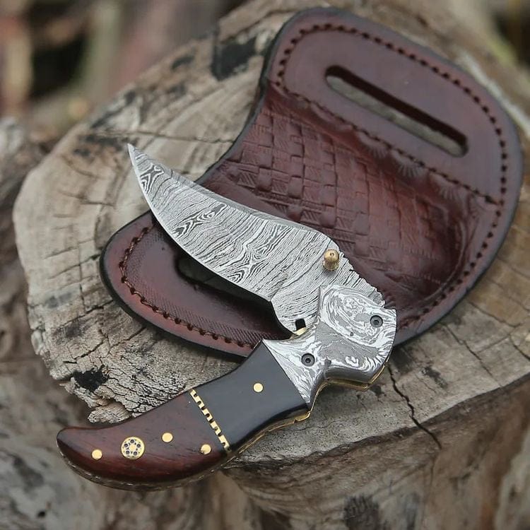 KBS Knives Store Folding Knife Damascus Handmade Custom Folding Pocket Knife with Buffalo Horn and Rosewood Handle, 3.2-inch Blade Length