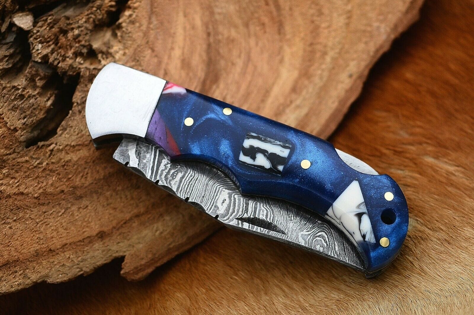 KBS Knives Store Folding Knife Damascus Handmade Custom Folding Pocket Knife with Epoxy Resin and Steel Bolster Handle, 3-inch Blade Length