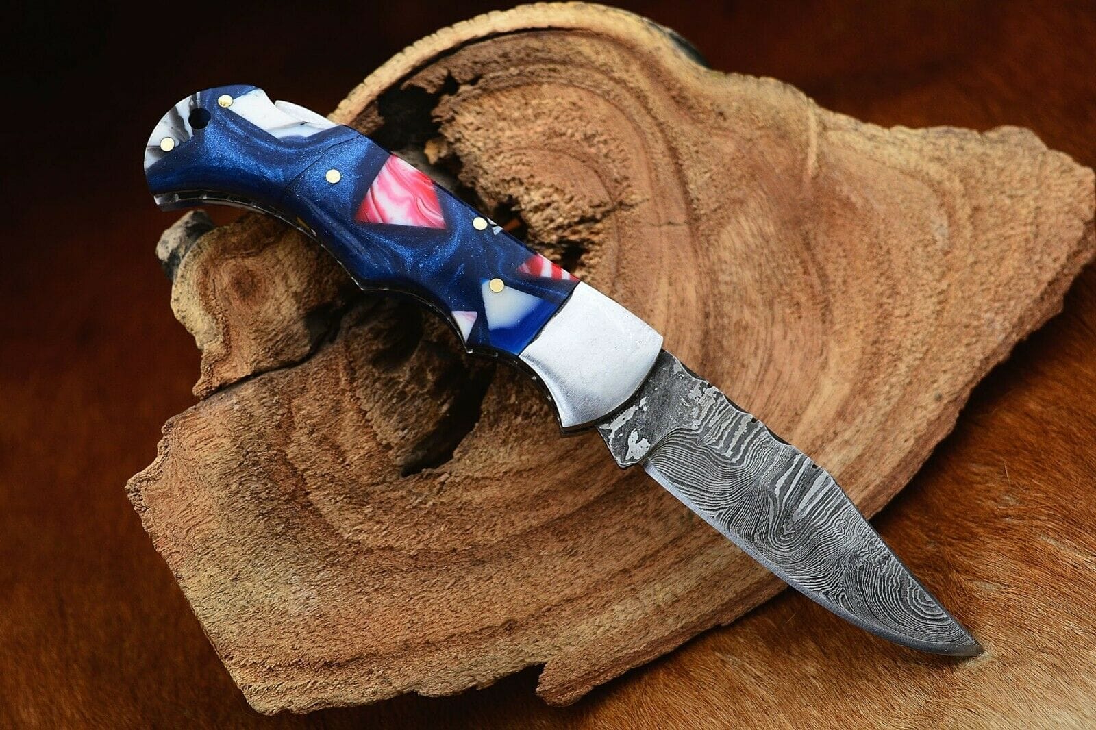 KBS Knives Store Folding Knife Damascus Handmade Custom Folding Pocket Knife with Epoxy Resin and Steel Bolster Handle, 3-inch Blade Length