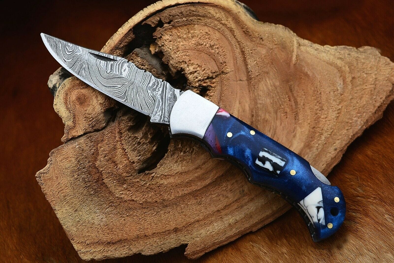 KBS Knives Store Folding Knife Damascus Handmade Custom Folding Pocket Knife with Epoxy Resin and Steel Bolster Handle, 3-inch Blade Length