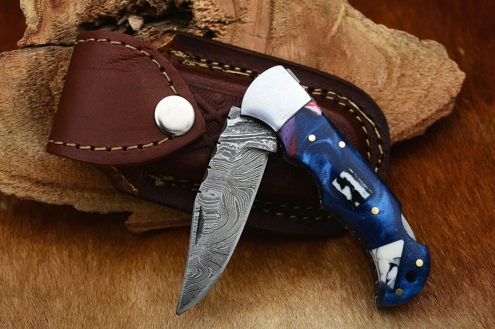 KBS Knives Store Folding Knife Damascus Handmade Custom Folding Pocket Knife with Epoxy Resin and Steel Bolster Handle, 3-inch Blade Length