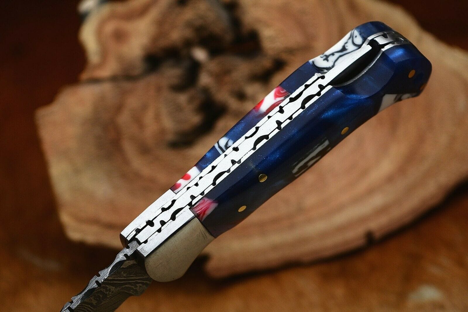 KBS Knives Store Folding Knife Damascus Handmade Custom Folding Pocket Knife with Epoxy Resin and Steel Bolster Handle, 3-inch Blade Length