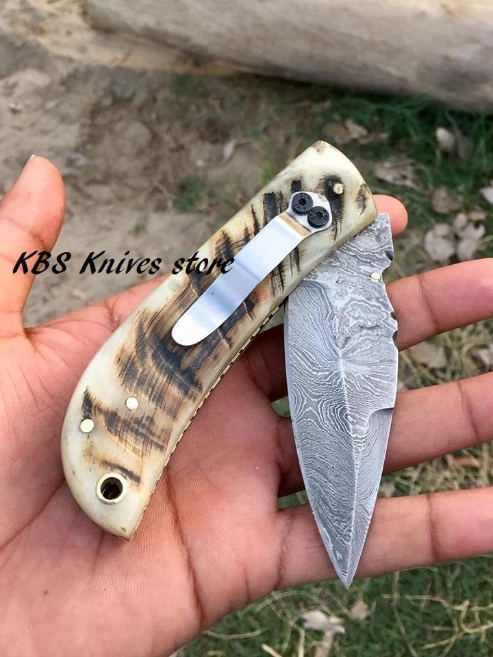 KBS Knives Store Folding Knife Damascus steel handmade folding knife