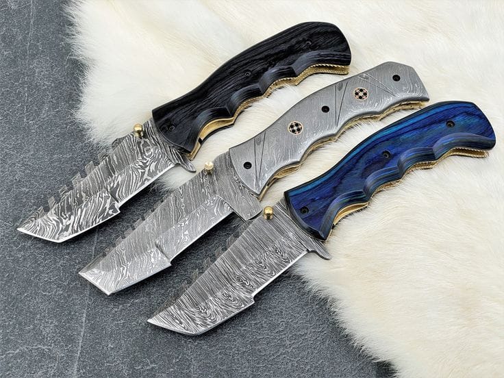 KBS Knives Store Folding Knife Deal of 3 Tactical Folding Pocket Knives – Custom Damascus Steel Blades with Exotic Wood Handles