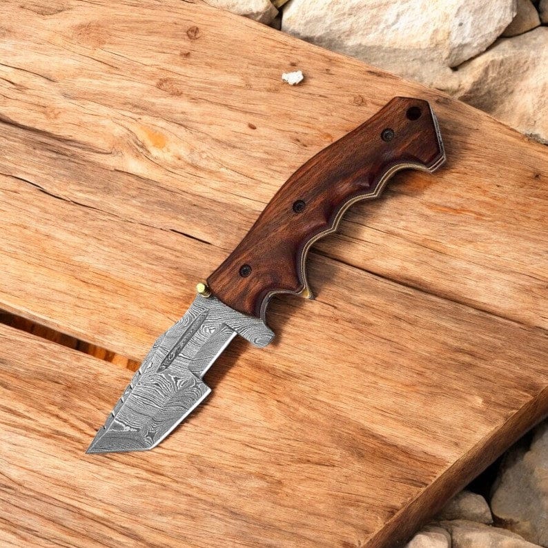 KBS Knives Store Folding Knife EDC Tracker Folding Pocket Knife - Damascus Blade & Rosewood Handle