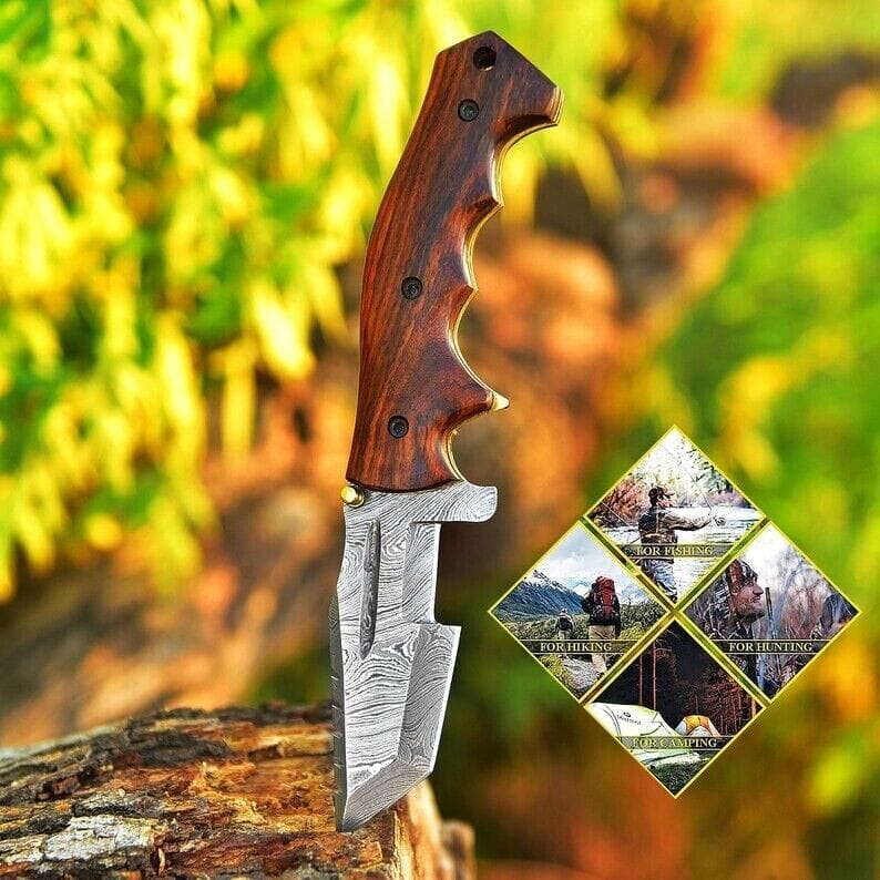 KBS Knives Store Folding Knife EDC Tracker Folding Pocket Knife - Damascus Blade & Rosewood Handle