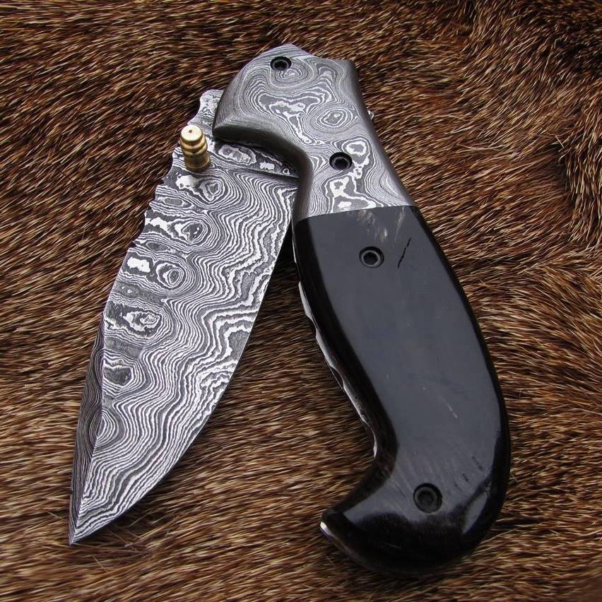 KBS Knives Store Folding Knife Everyday Carry Custom Handcrafted Damascus Steel Folding Pocket Knife with Buffalo Horn & Damascus Bolster Handle – The Artisan Elite