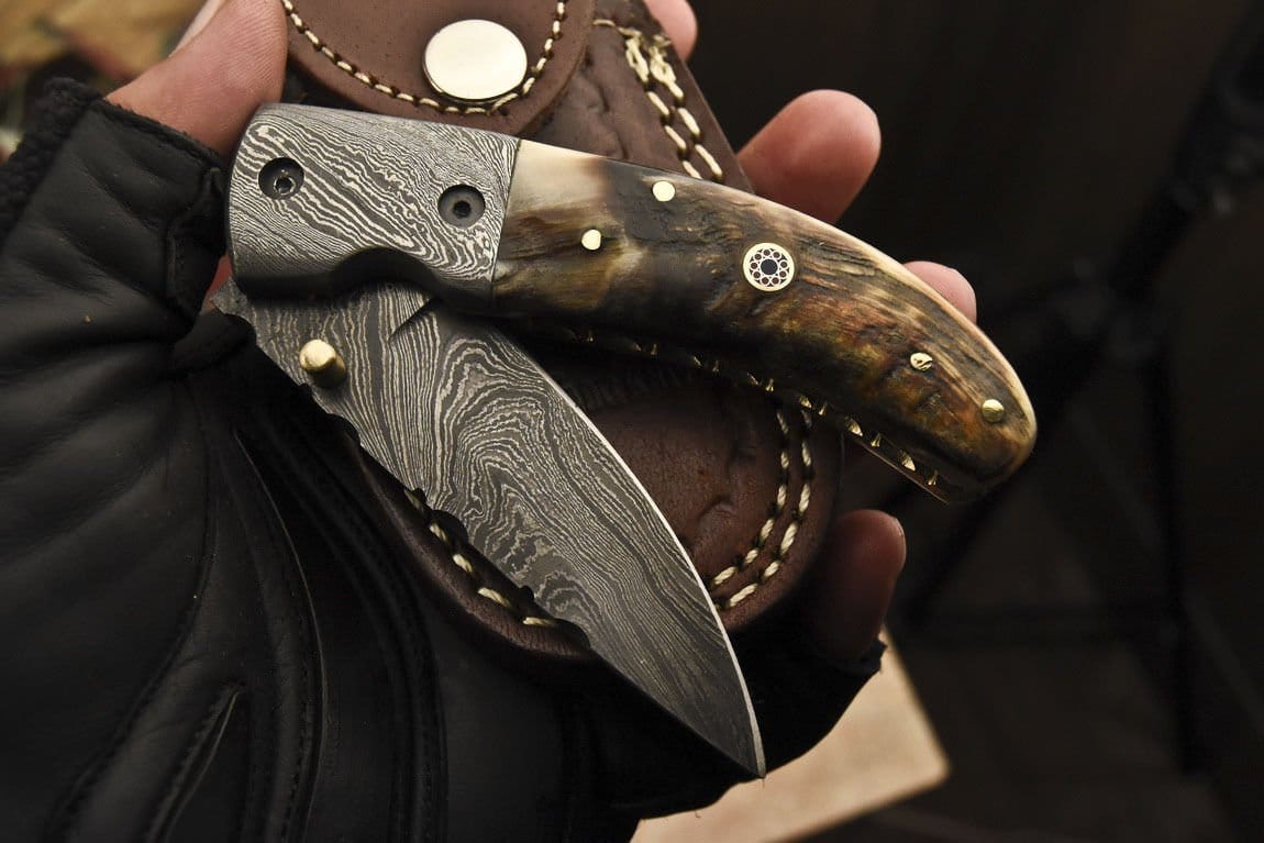 KBS Knives Store Folding Knife Everyday Carry Custom Handcrafted Damascus Steel Folding Pocket Knife with Mountain Sheep Horn & Damascus Bolster Handle – The Summit