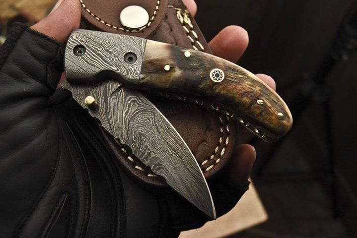 KBS Knives Store Folding Knife Everyday Carry Damascus Steel Folding Pocket Knife - Sheep Horn Handle