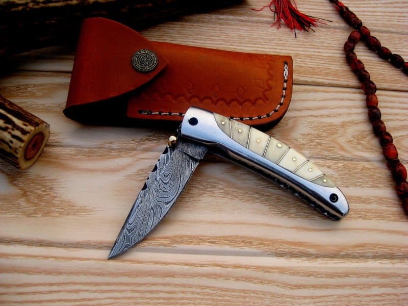 KBS Knives Store Folding Knife Everyday Carry Damascus Steel Pocket Knife - Bone and Steel Elegance