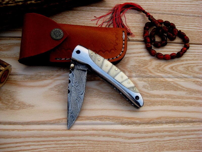 KBS Knives Store Folding Knife Everyday Carry Damascus Steel Pocket Knife - Bone and Steel Elegance
